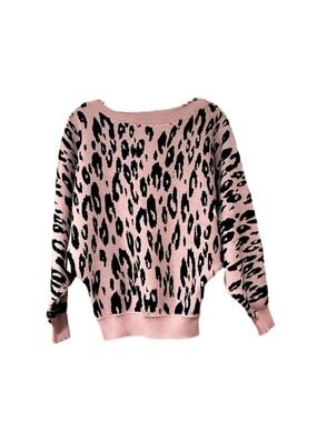 GABERLY Pink Leopard Boat Neck Batwing Dolman Knit Sweater